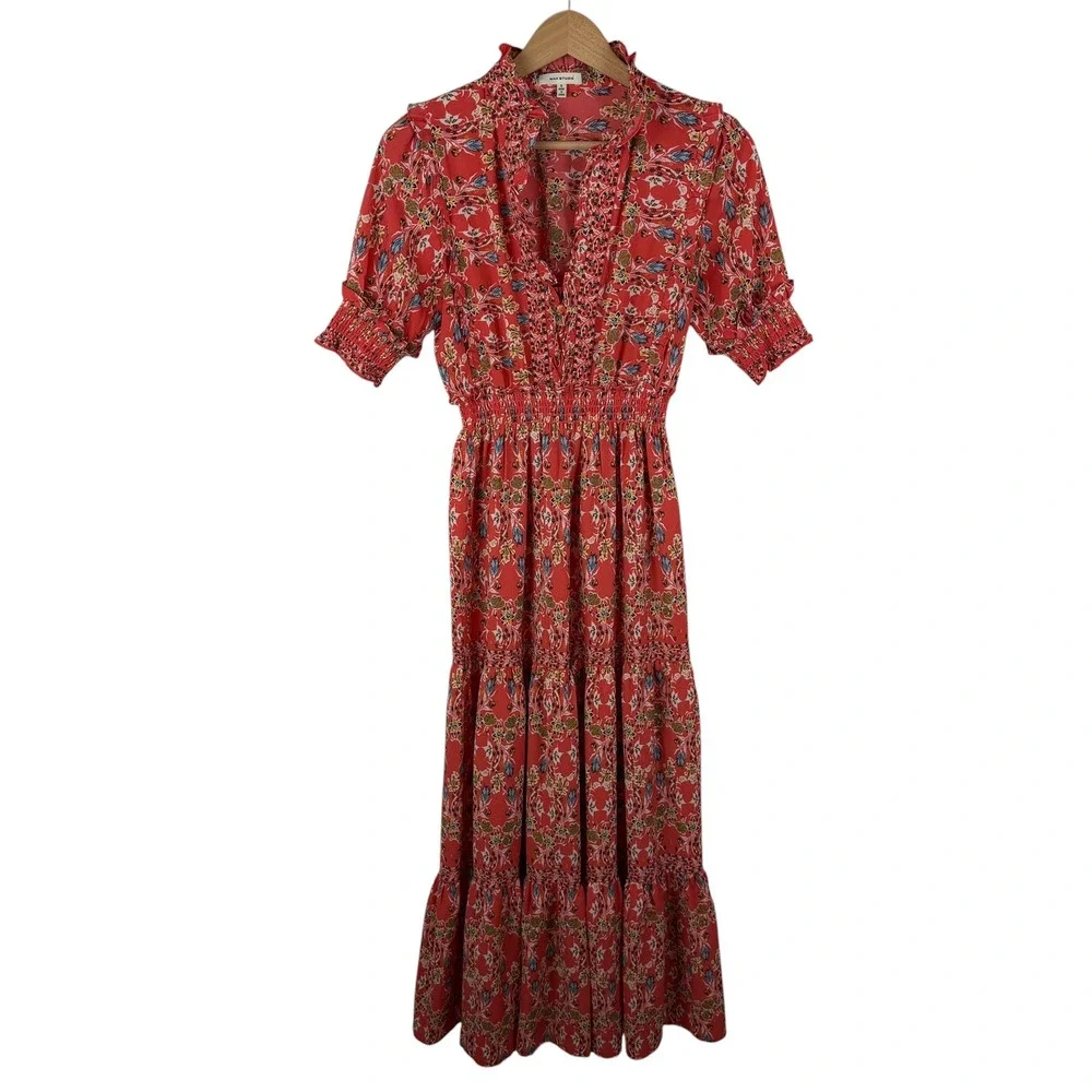 Max Studio | Dresses | Max Studio Red Floral Tiered Maxi Dress Small  Smocked Prairie Cottage Festival | Poshmark